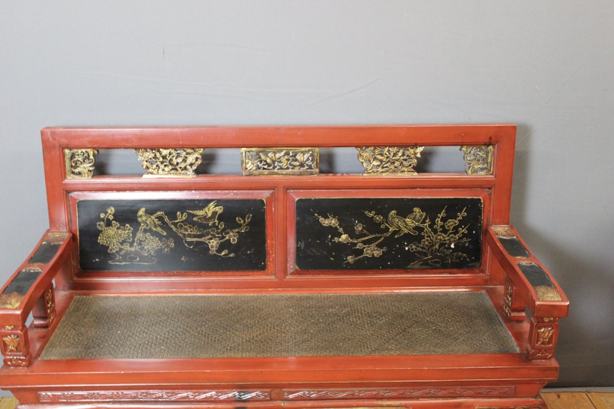 Banc en Bois Sculpté et Laqué , Chine XXe-photo-2