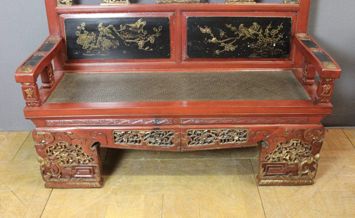 Banc en Bois Sculpté et Laqué , Chine XXe-photo-3