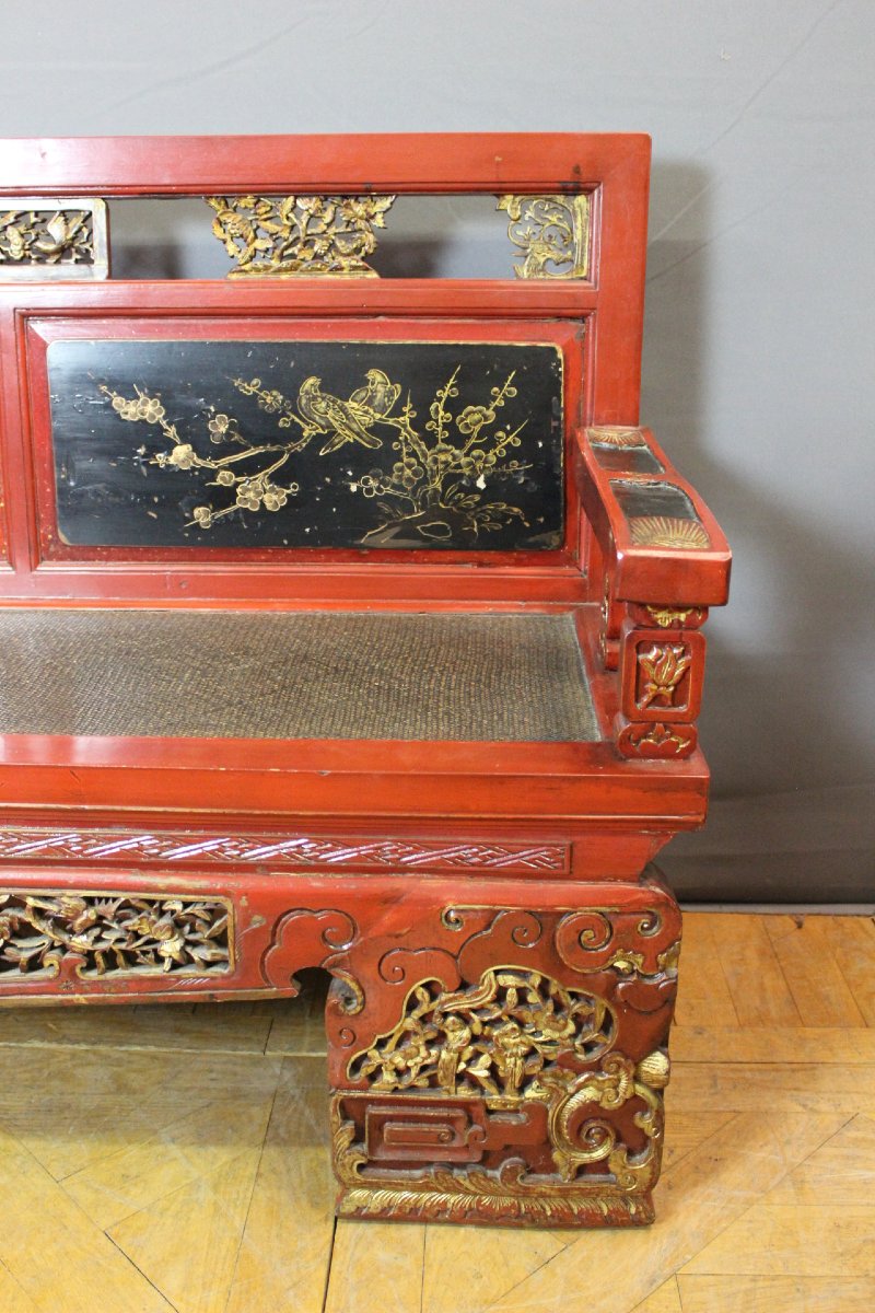 Banc en Bois Sculpté et Laqué , Chine XXe-photo-4