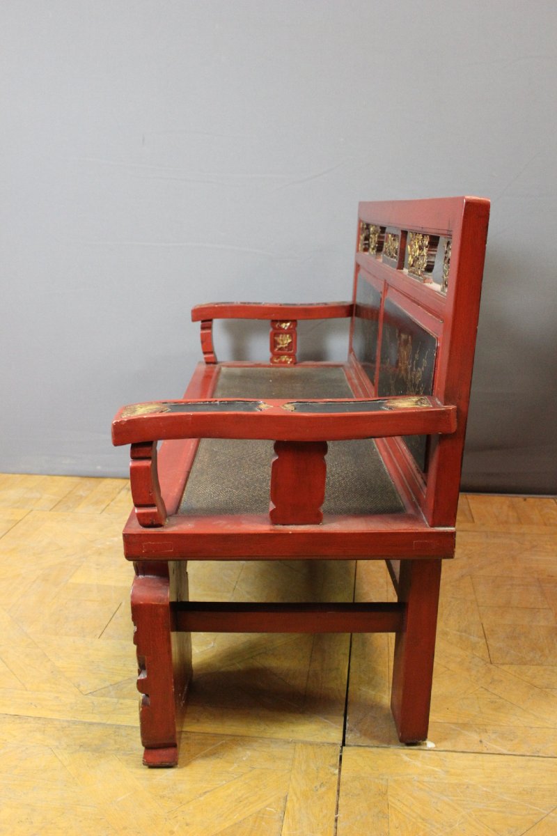 Banc en Bois Sculpté et Laqué , Chine XXe-photo-3