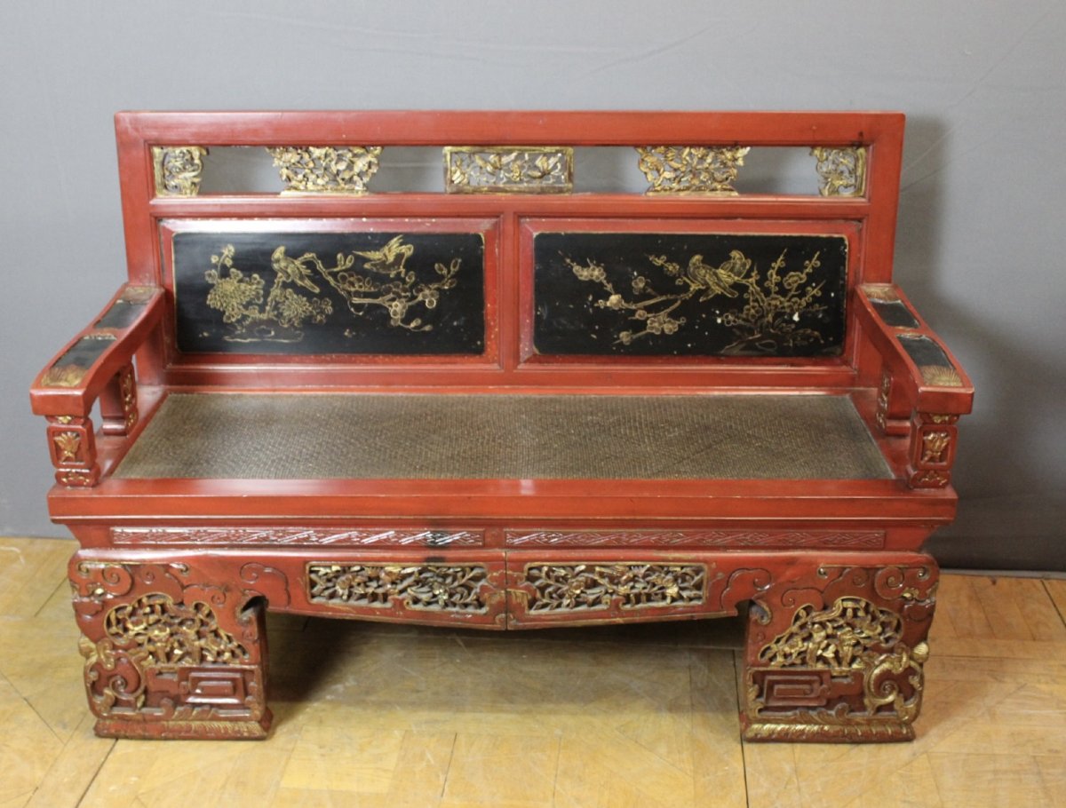 Banc en Bois Sculpté et Laqué , Chine XXe-photo-6