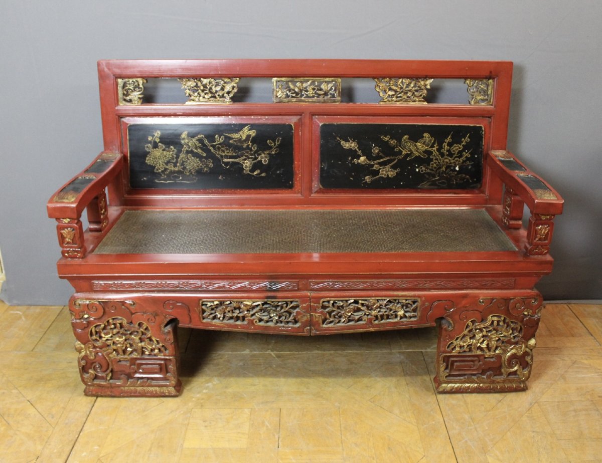Banc en Bois Sculpté et Laqué , Chine XXe