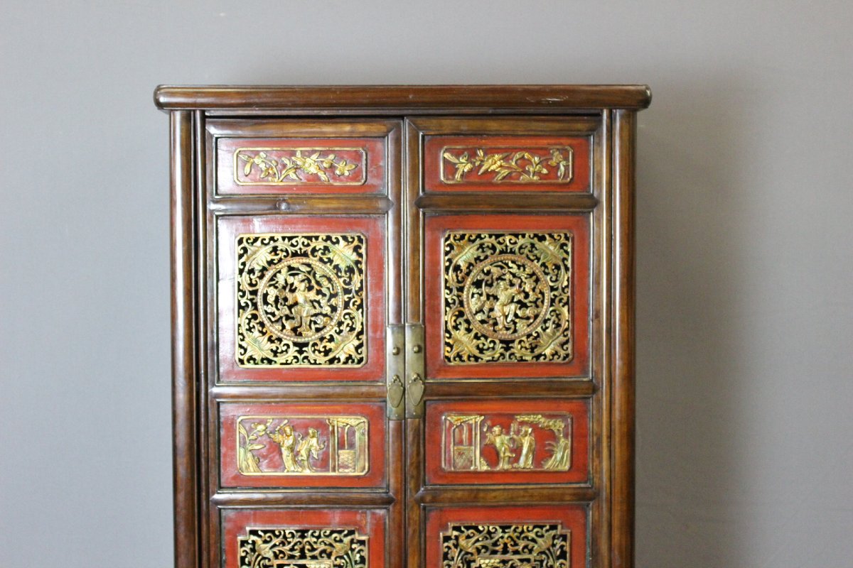 Petite Armoire Chinoise en Laque Rouge et Or-photo-2