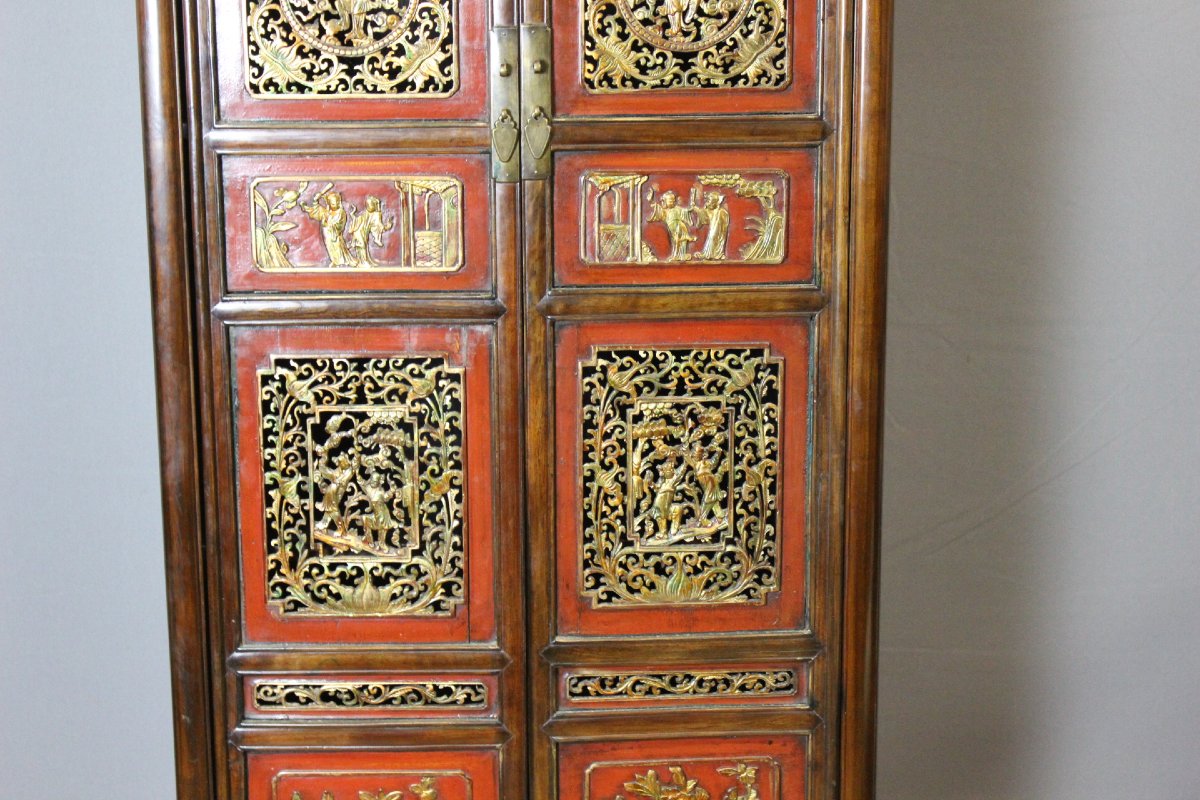 Petite Armoire Chinoise en Laque Rouge et Or-photo-4