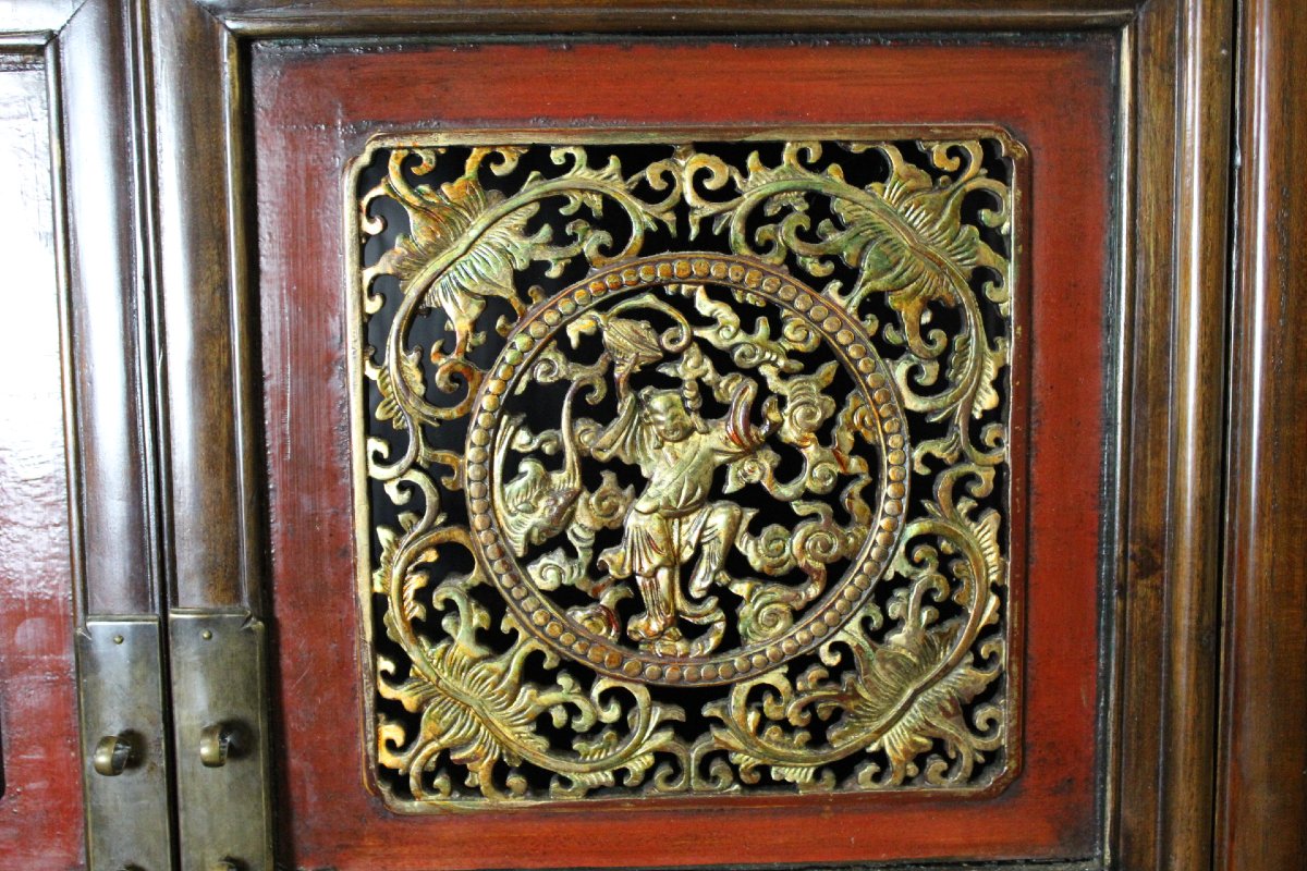 Petite Armoire Chinoise en Laque Rouge et Or-photo-1