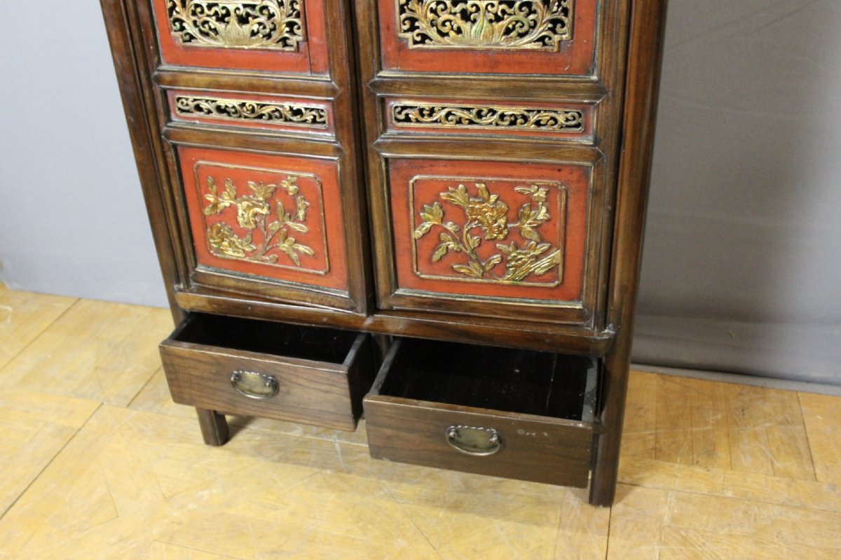 Petite Armoire Chinoise en Laque Rouge et Or-photo-4