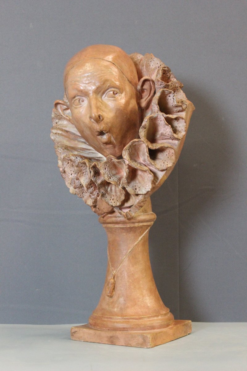 "pierrot Etonné," A Terracotta Sculpture By A. Rolle, Circa 1900-photo-3