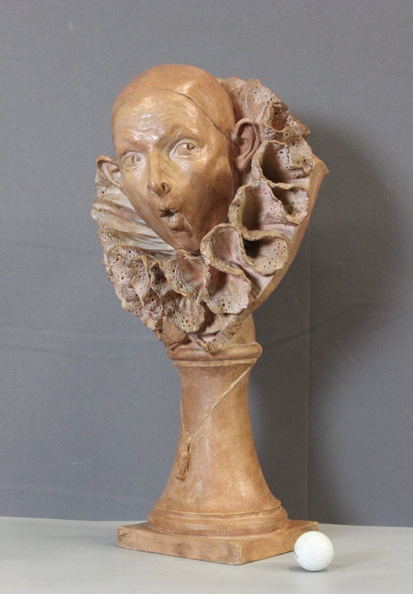 "pierrot Etonné," A Terracotta Sculpture By A. Rolle, Circa 1900-photo-4