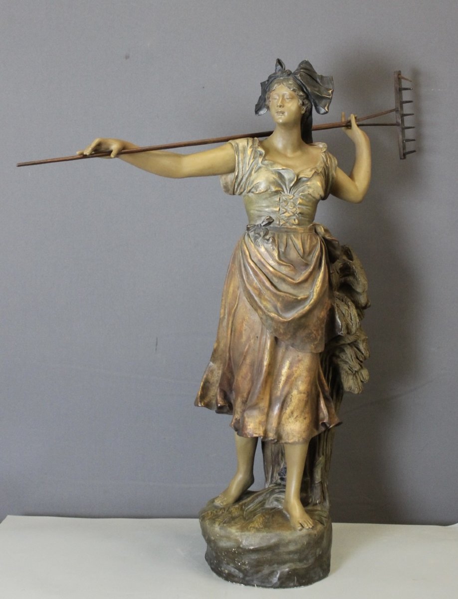 Important Plâtre Polychrome , 100 cm , Figurant une Paysanne vers 1900