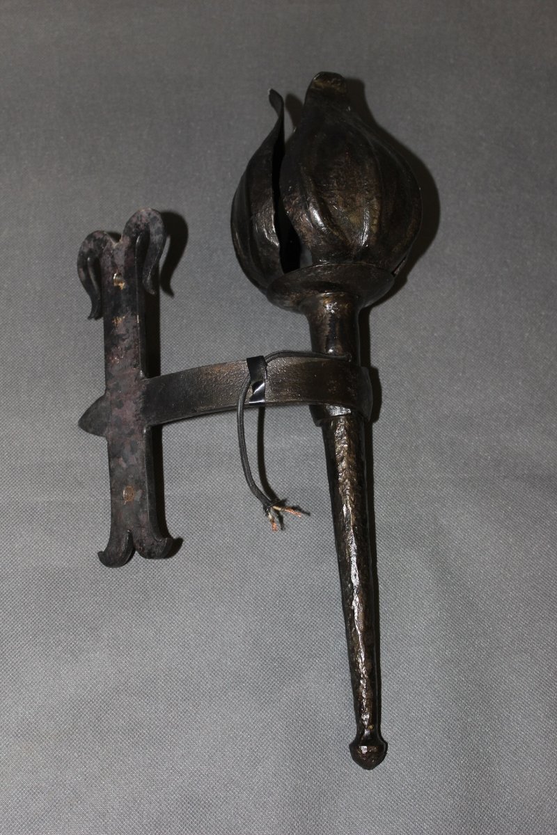 Pair Of Medieval Wrought-iron Wall Sconces Signed Reboulet, 20th Century-photo-2