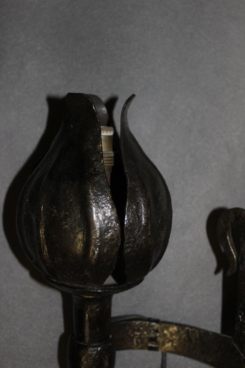 Pair Of Medieval Wrought-iron Wall Sconces Signed Reboulet, 20th Century-photo-3