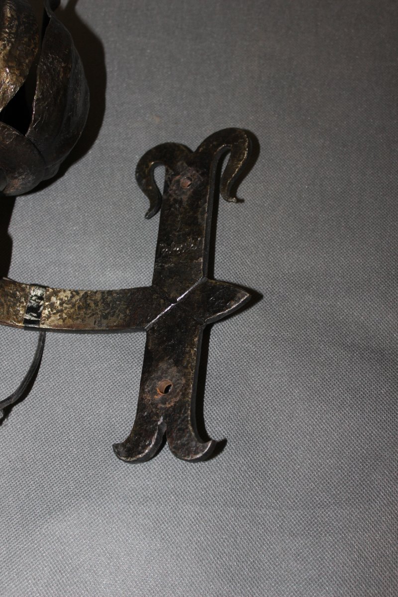 Pair Of Medieval Wrought-iron Wall Sconces Signed Reboulet, 20th Century-photo-4