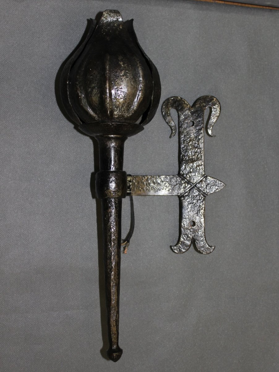 Pair Of Medieval Wrought-iron Wall Sconces Signed Reboulet, 20th Century-photo-2