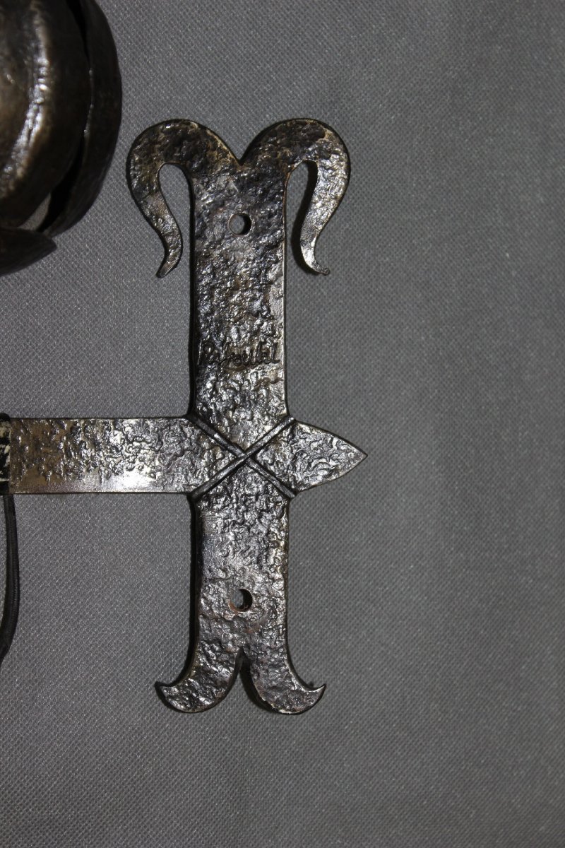 Pair Of Medieval Wrought-iron Wall Sconces Signed Reboulet, 20th Century-photo-3
