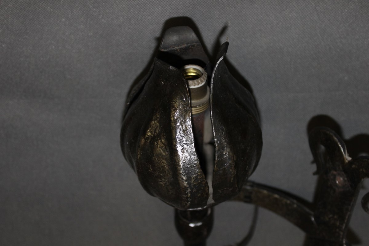 Pair Of Medieval Wrought-iron Wall Sconces Signed Reboulet, 20th Century-photo-6