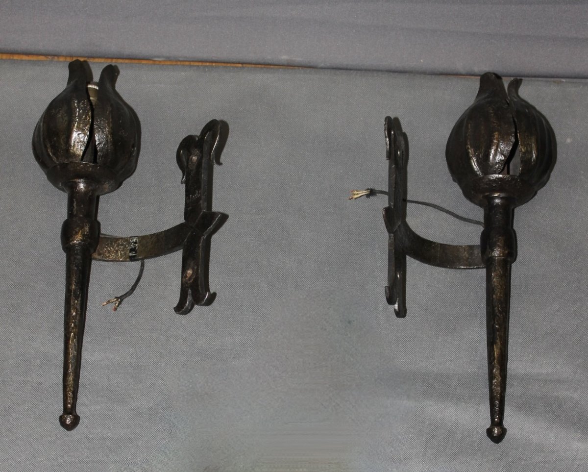 Pair Of Medieval Wrought-iron Wall Sconces Signed Reboulet, 20th Century