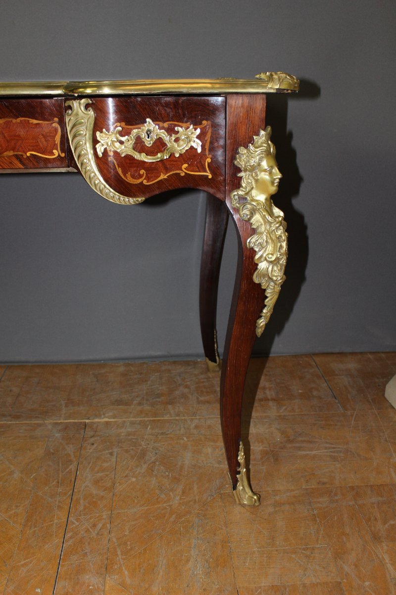 Bureau Louis XV en Marqueterie et Bronze d'époque XIX -photo-3