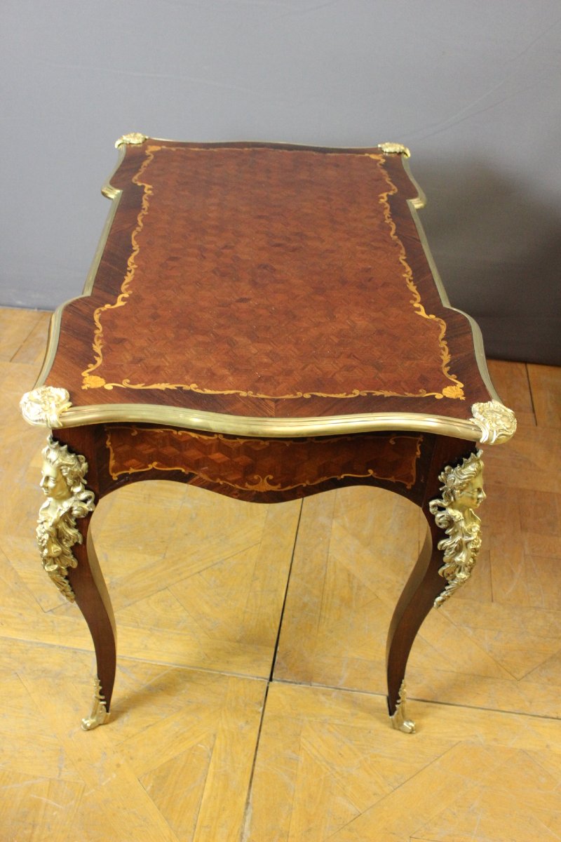 Bureau Louis XV en Marqueterie et Bronze d'époque XIX -photo-6