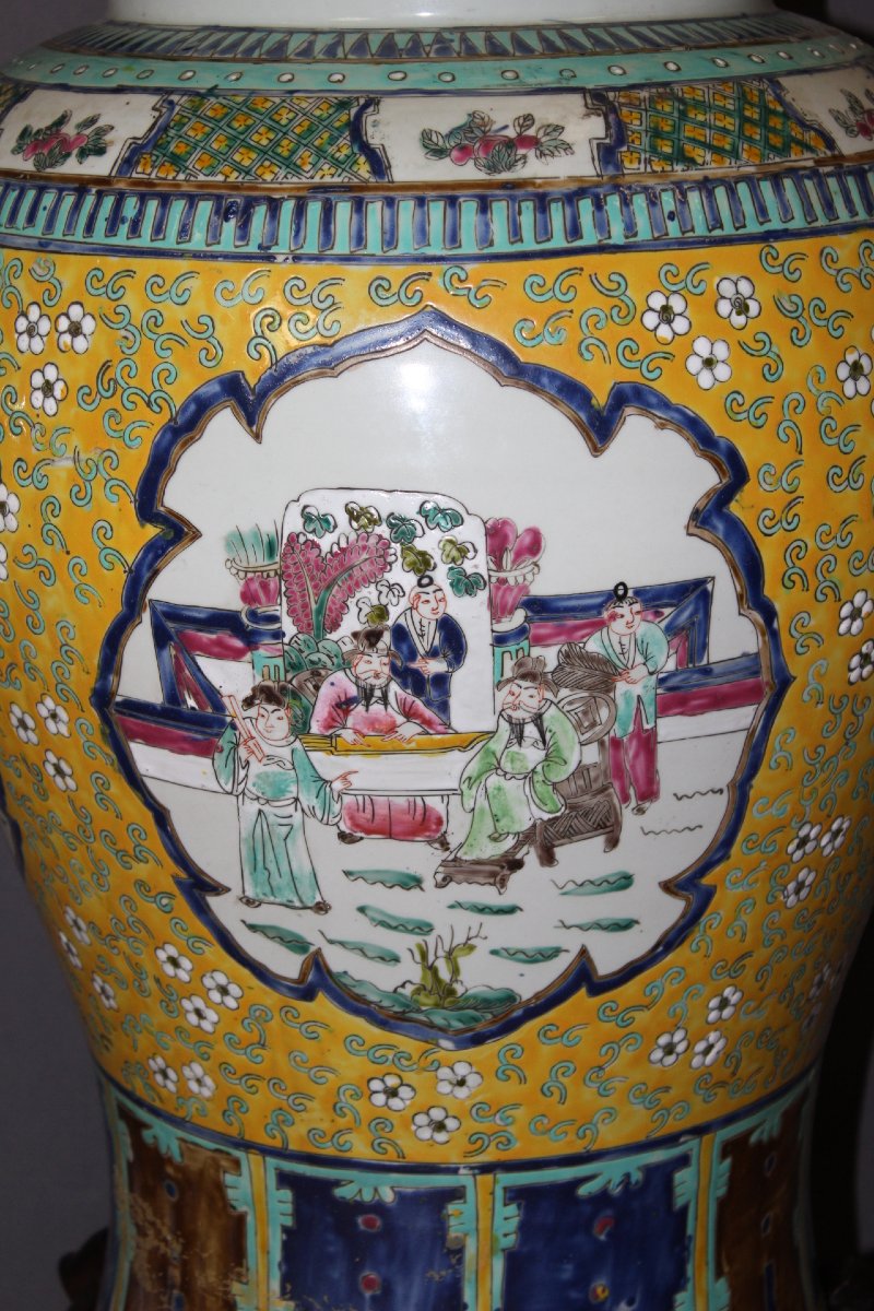 Paire de Vases Chinois d'Apparat sur socle en Bois XX-photo-5