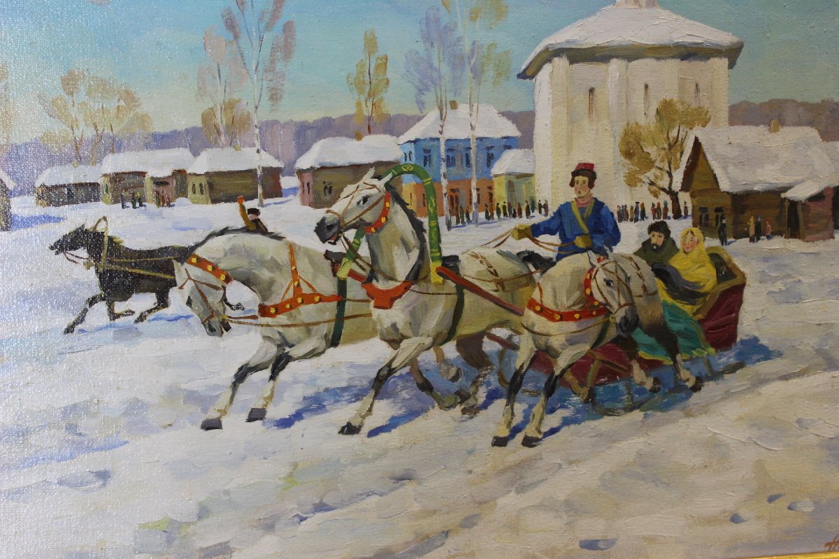 Oil On Canvas: Lively Snowy Landscape-photo-2