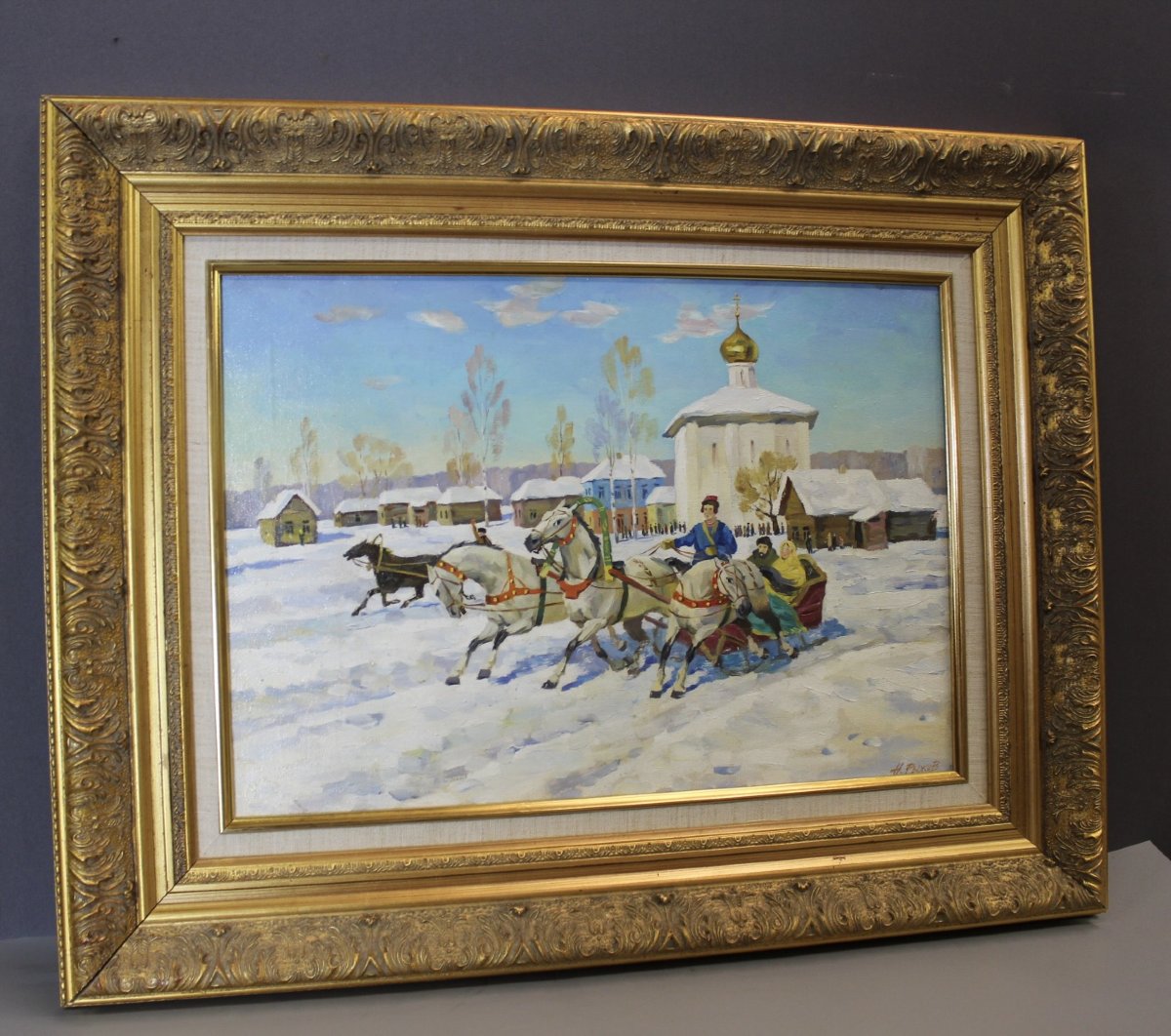 Oil On Canvas: Lively Snowy Landscape-photo-3