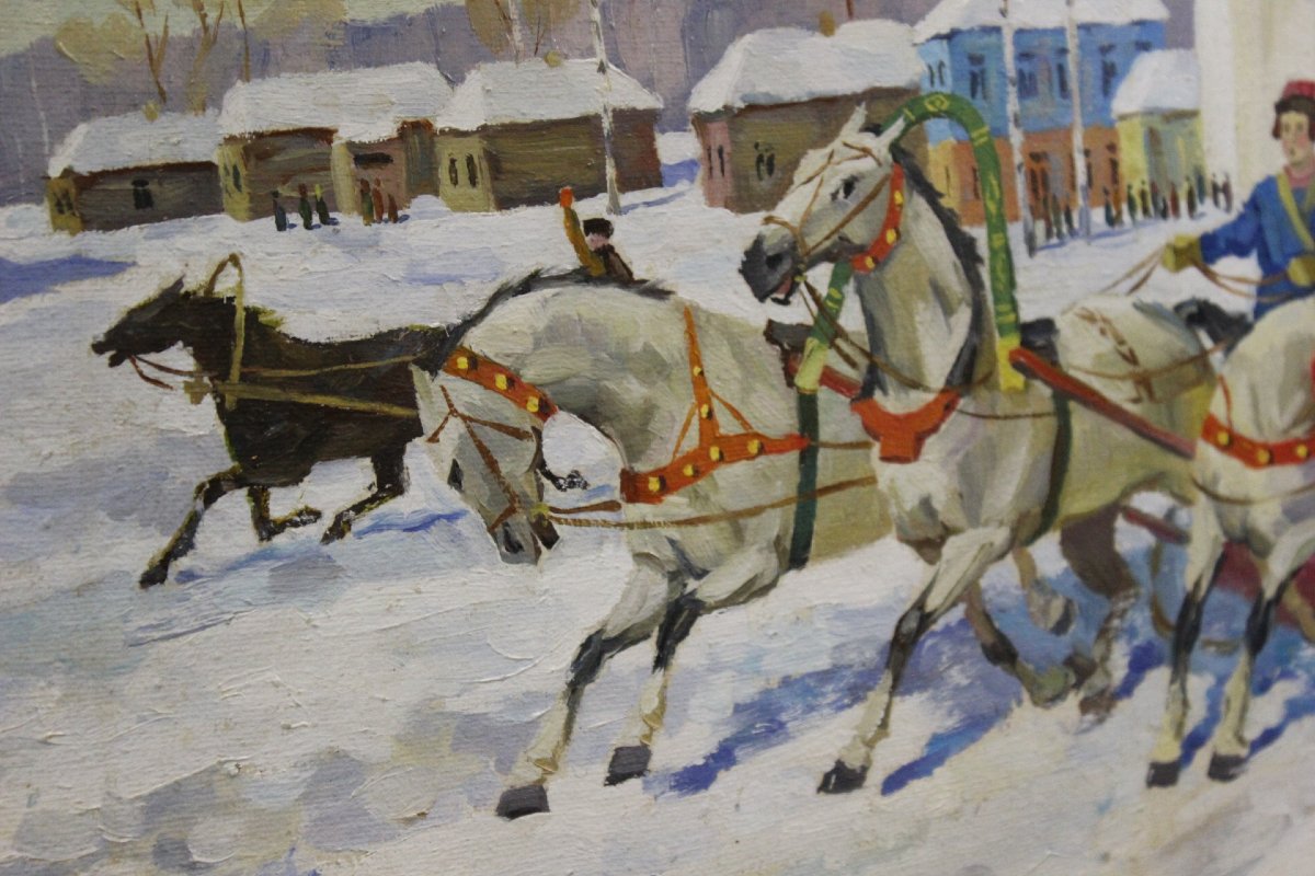 Oil On Canvas: Lively Snowy Landscape-photo-4