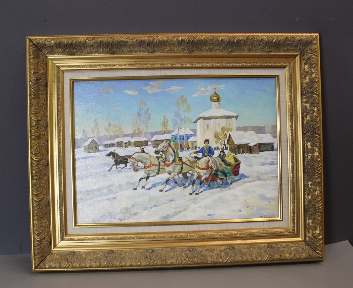 Oil On Canvas: Lively Snowy Landscape-photo-5