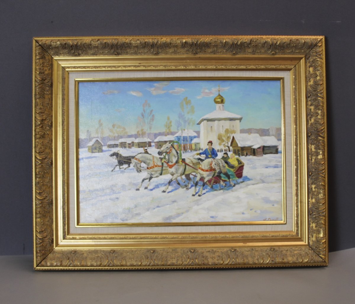 Oil On Canvas: Lively Snowy Landscape
