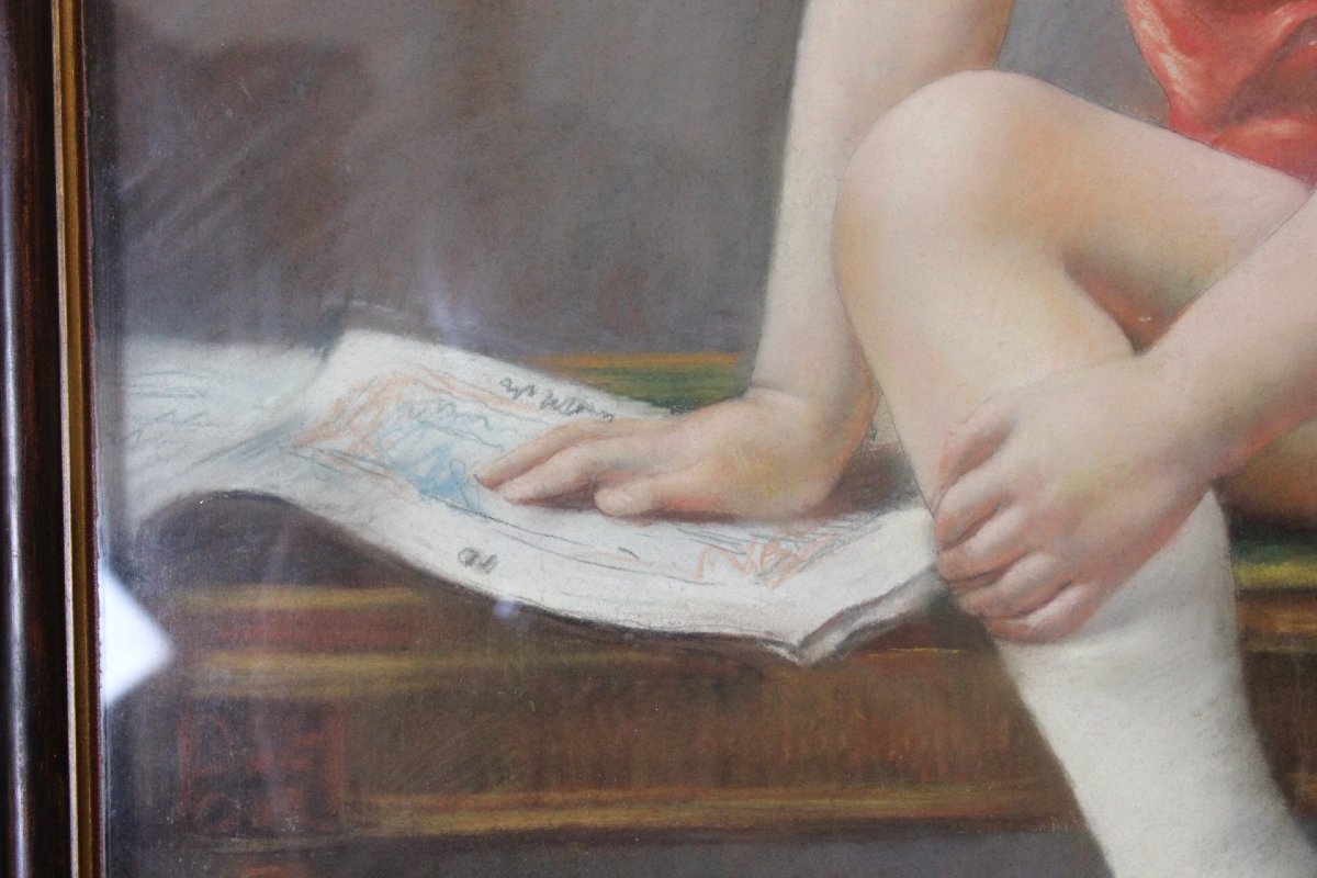 Pastel, "the Seated Child," 122/81 Cm, Ca. 1890-photo-2