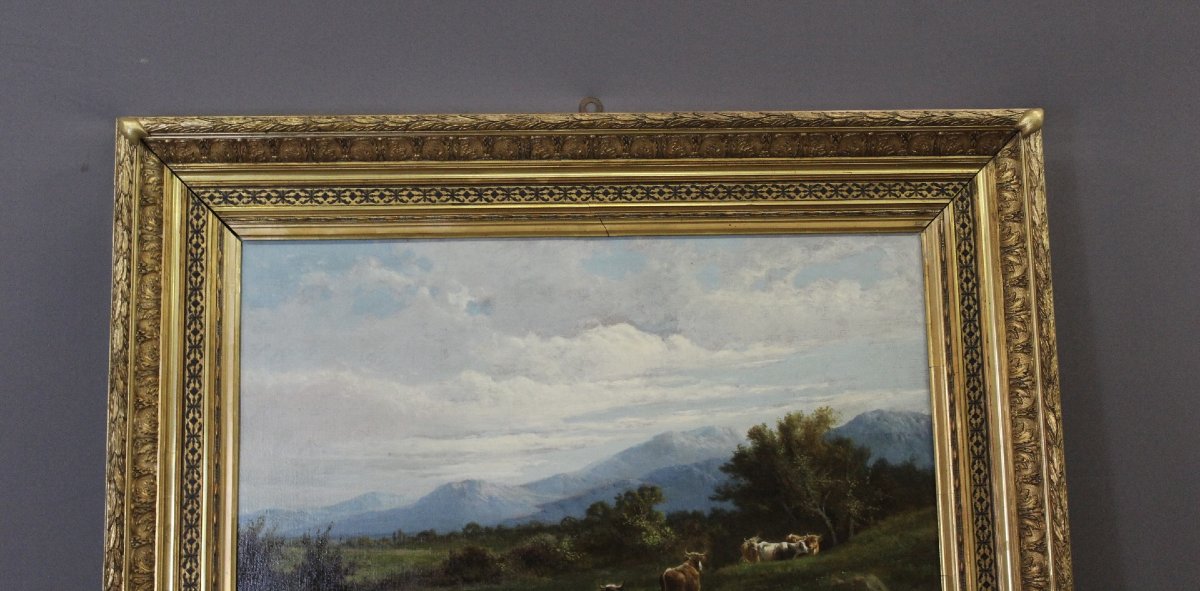 Huile sur toile , " Vaches au Pâturage " par Giovanni Milone , 108/115 cm , XIXe-photo-2