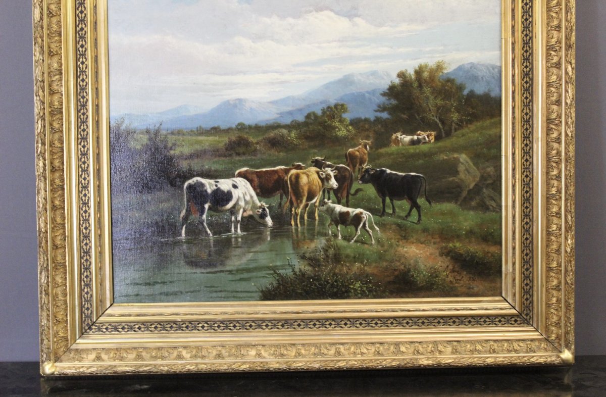 Huile sur toile , " Vaches au Pâturage " par Giovanni Milone , 108/115 cm , XIXe-photo-3
