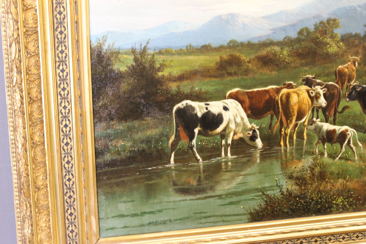 Huile sur toile , " Vaches au Pâturage " par Giovanni Milone , 108/115 cm , XIXe-photo-4