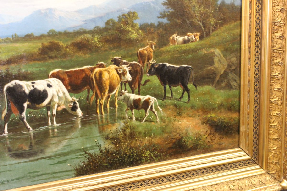 Huile sur toile , " Vaches au Pâturage " par Giovanni Milone , 108/115 cm , XIXe-photo-1