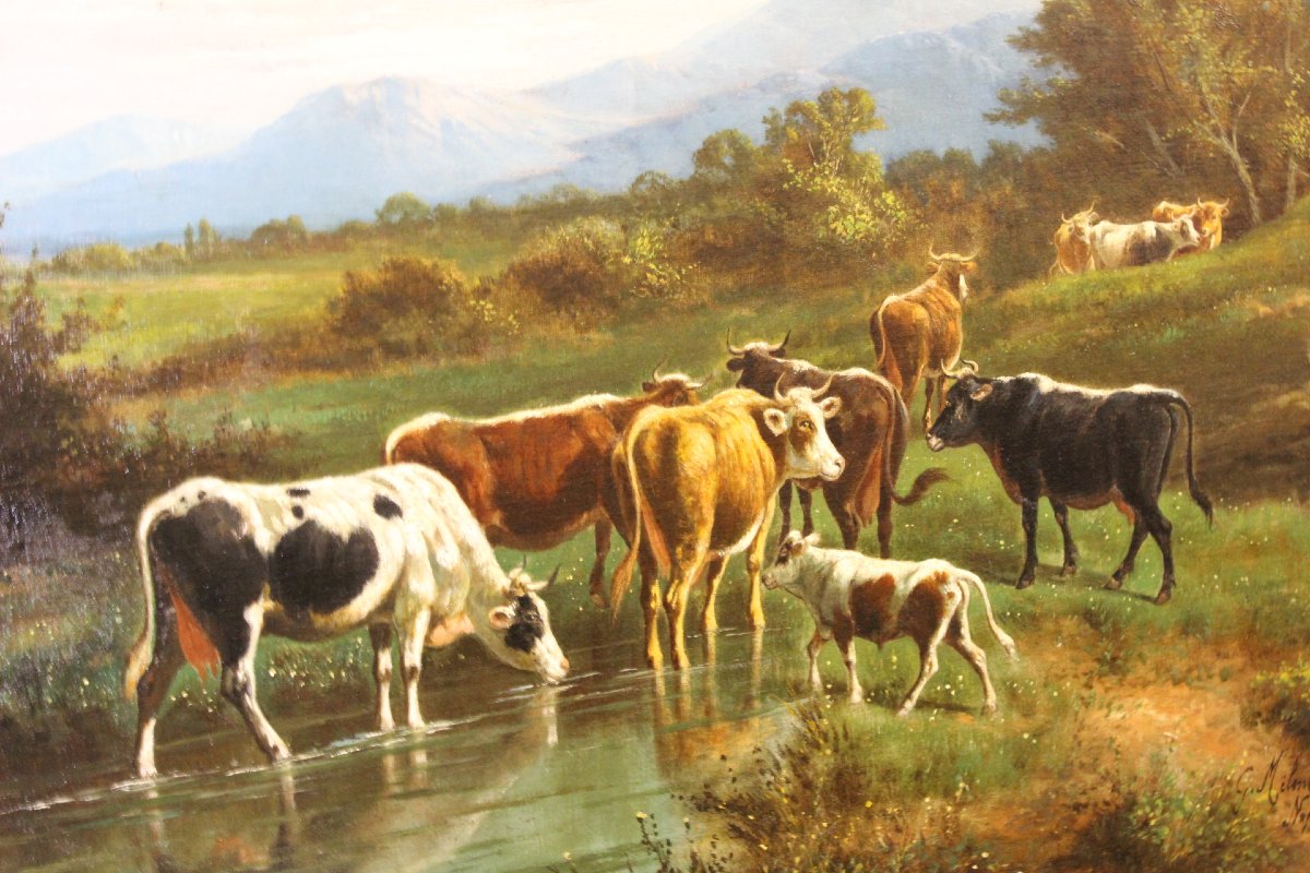 Huile sur toile , " Vaches au Pâturage " par Giovanni Milone , 108/115 cm , XIXe-photo-2