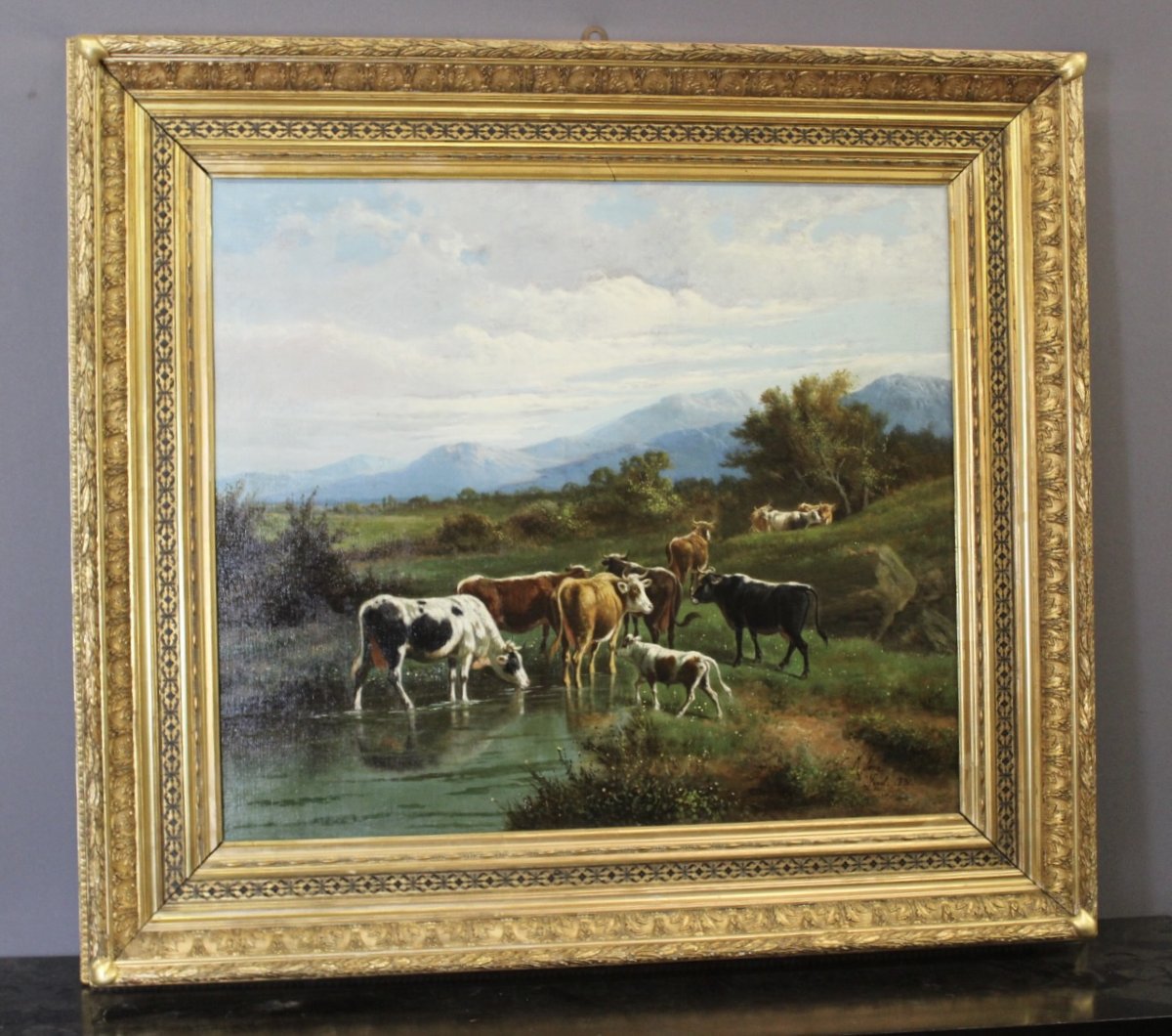 Huile sur toile , " Vaches au Pâturage " par Giovanni Milone , 108/115 cm , XIXe-photo-5