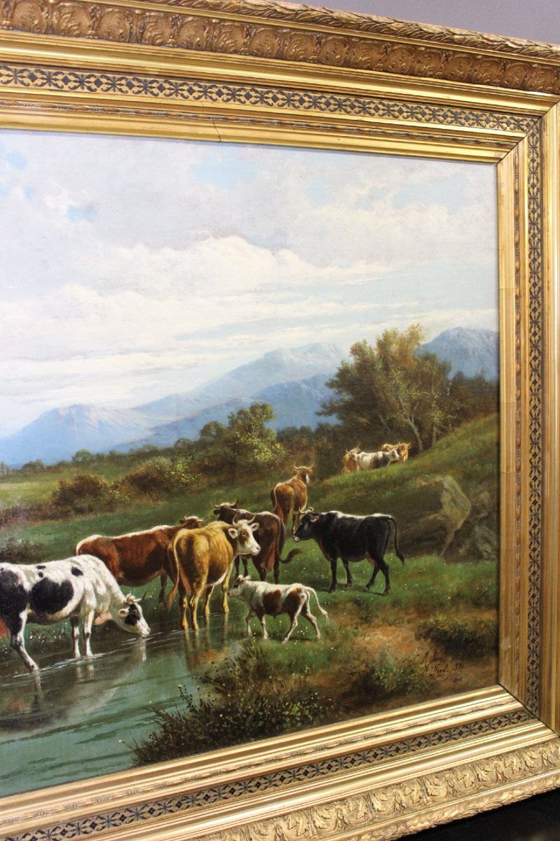 Huile sur toile , " Vaches au Pâturage " par Giovanni Milone , 108/115 cm , XIXe-photo-8
