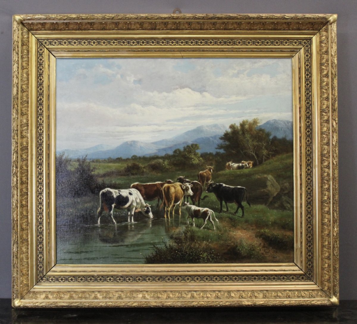 Huile sur toile , " Vaches au Pâturage " par Giovanni Milone , 108/115 cm , XIXe