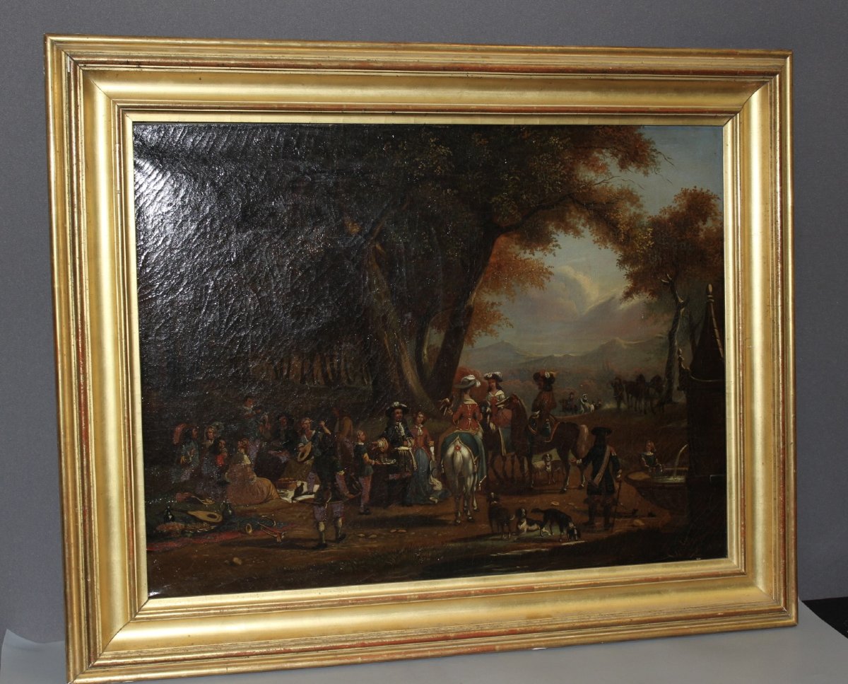 Huile sur Toile " retour de Chasse aux Faucons " par Chevallier XIXe