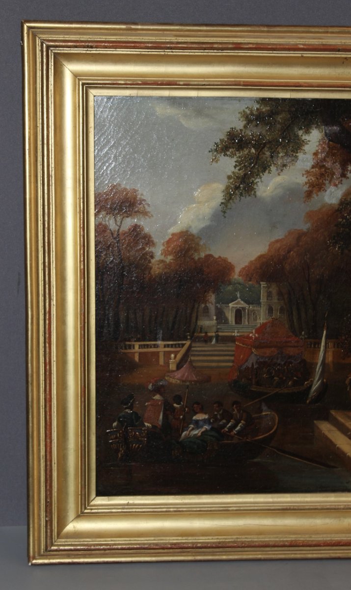 Oil On Canvas, "la Fête Galante," By Chevallier, Early 19th Century-photo-2