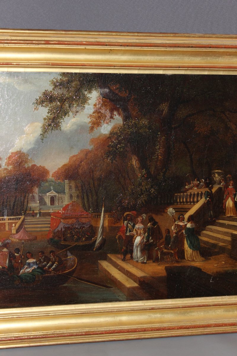 Oil On Canvas, "la Fête Galante," By Chevallier, Early 19th Century-photo-4