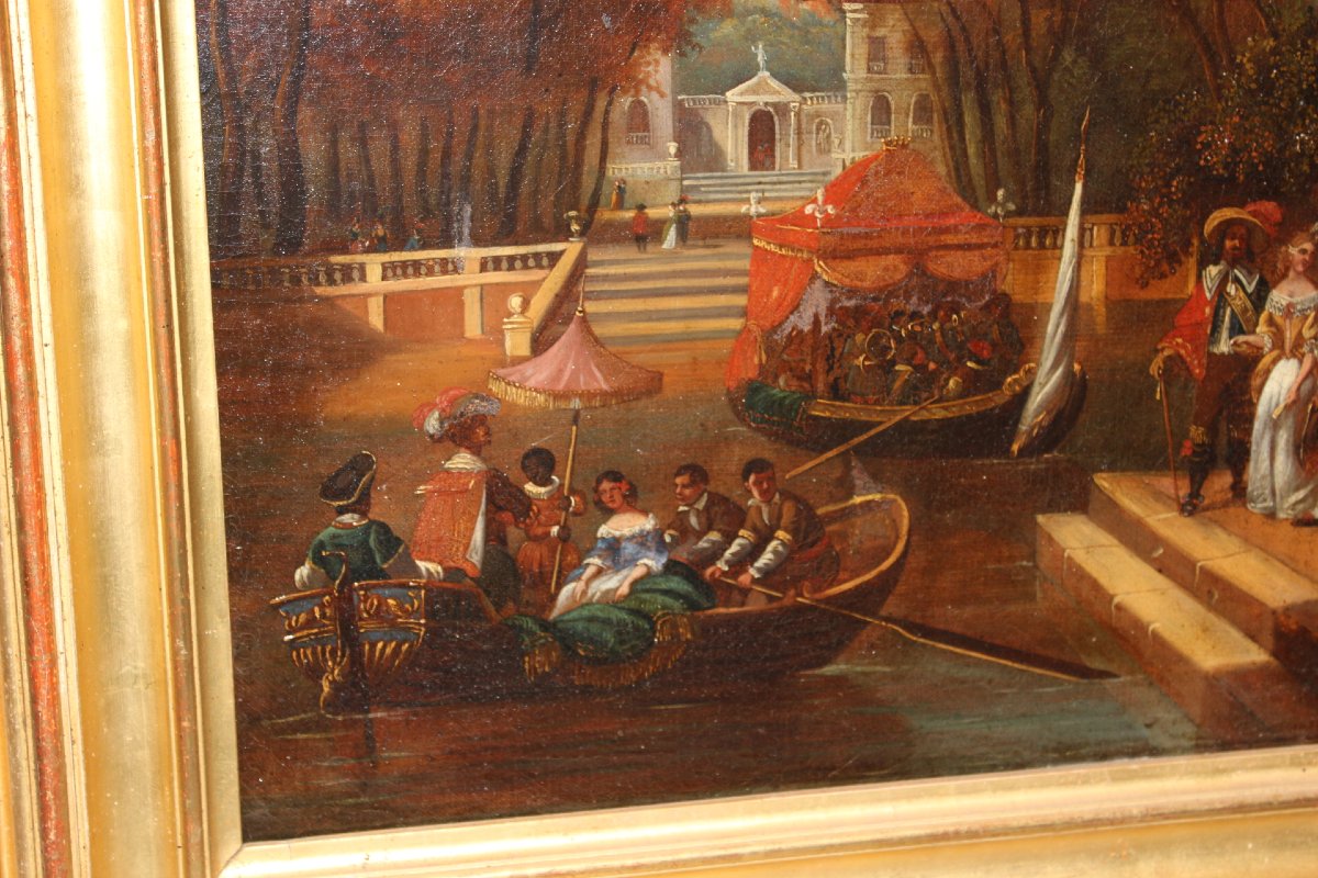 Oil On Canvas, "la Fête Galante," By Chevallier, Early 19th Century-photo-1