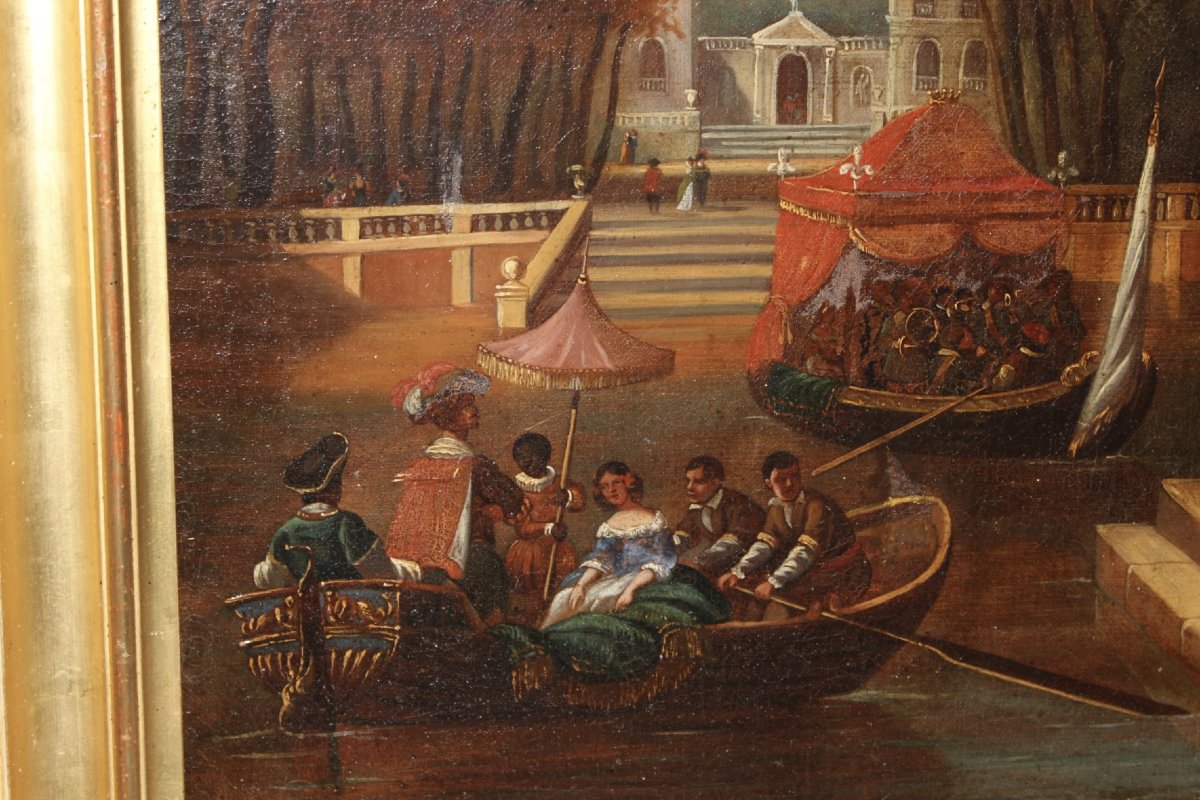 Oil On Canvas, "la Fête Galante," By Chevallier, Early 19th Century-photo-4
