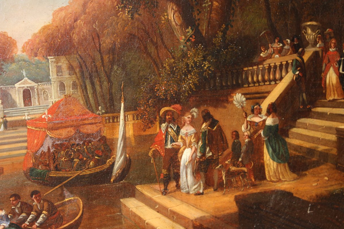 Oil On Canvas, "la Fête Galante," By Chevallier, Early 19th Century-photo-5