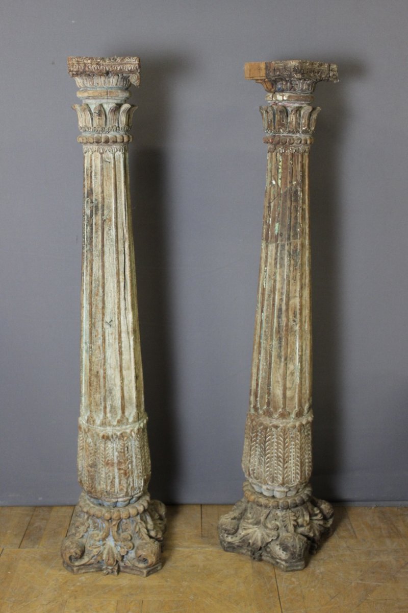 Paire de Colonnes en Bois Sculpté , 173 CM , XIX-photo-4