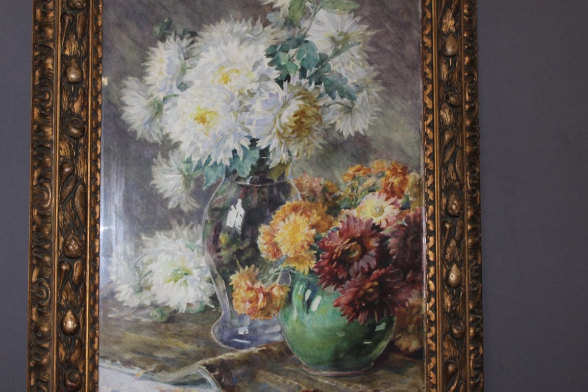 Bouquet de dahlias , Aquarelle par Marie Saubiez-Euler vers 1900-photo-2