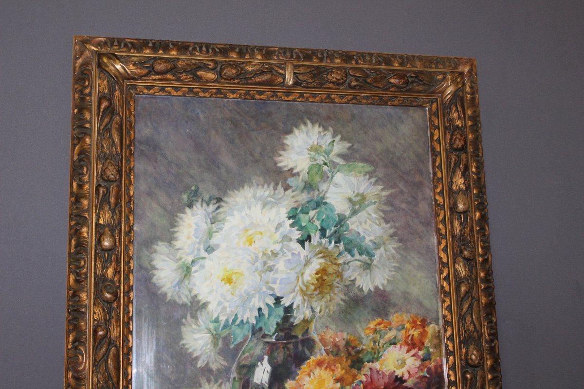 Bouquet de dahlias , Aquarelle par Marie Saubiez-Euler vers 1900-photo-3