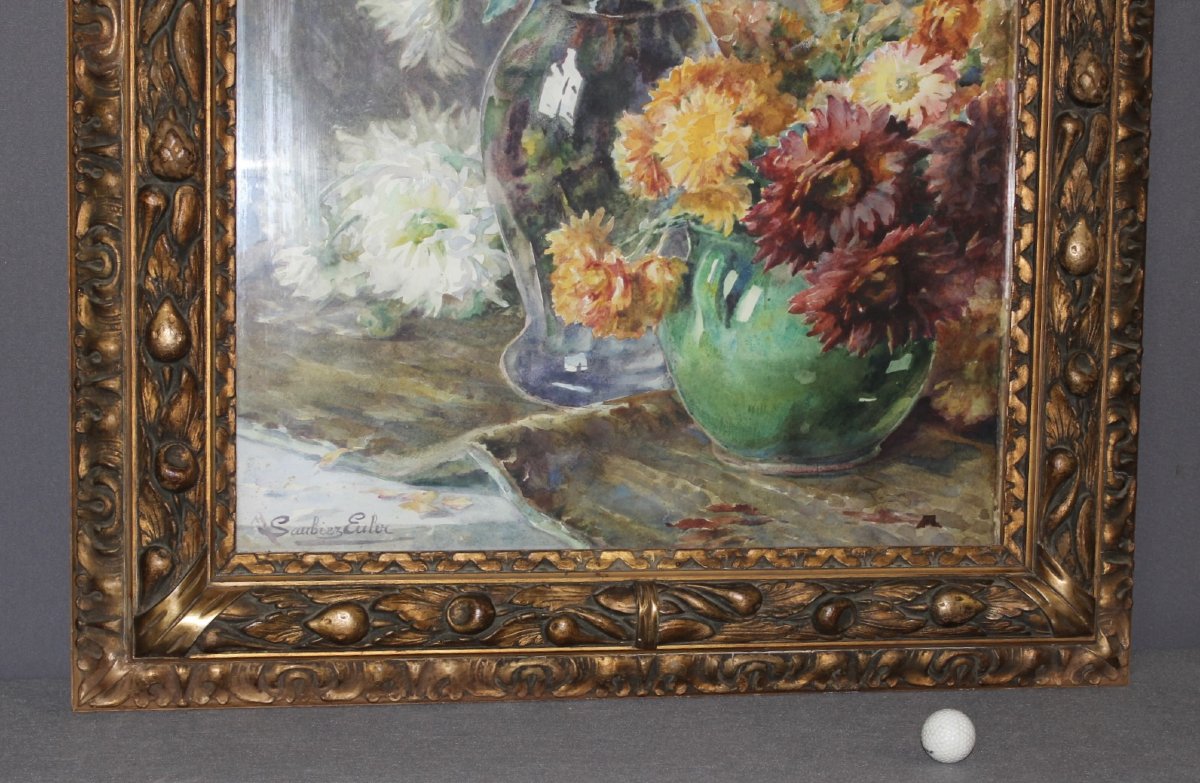 Bouquet de dahlias , Aquarelle par Marie Saubiez-Euler vers 1900-photo-4