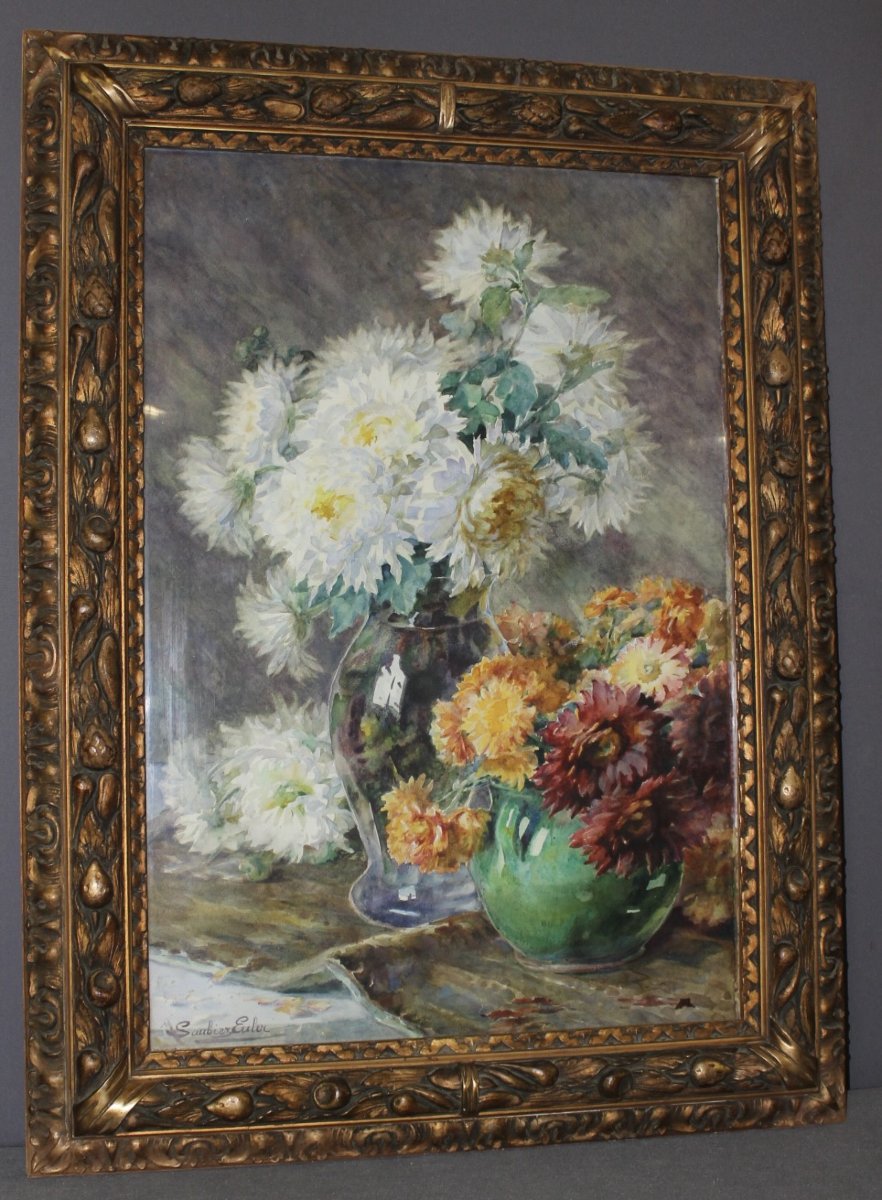 Bouquet de dahlias , Aquarelle par Marie Saubiez-Euler vers 1900-photo-1