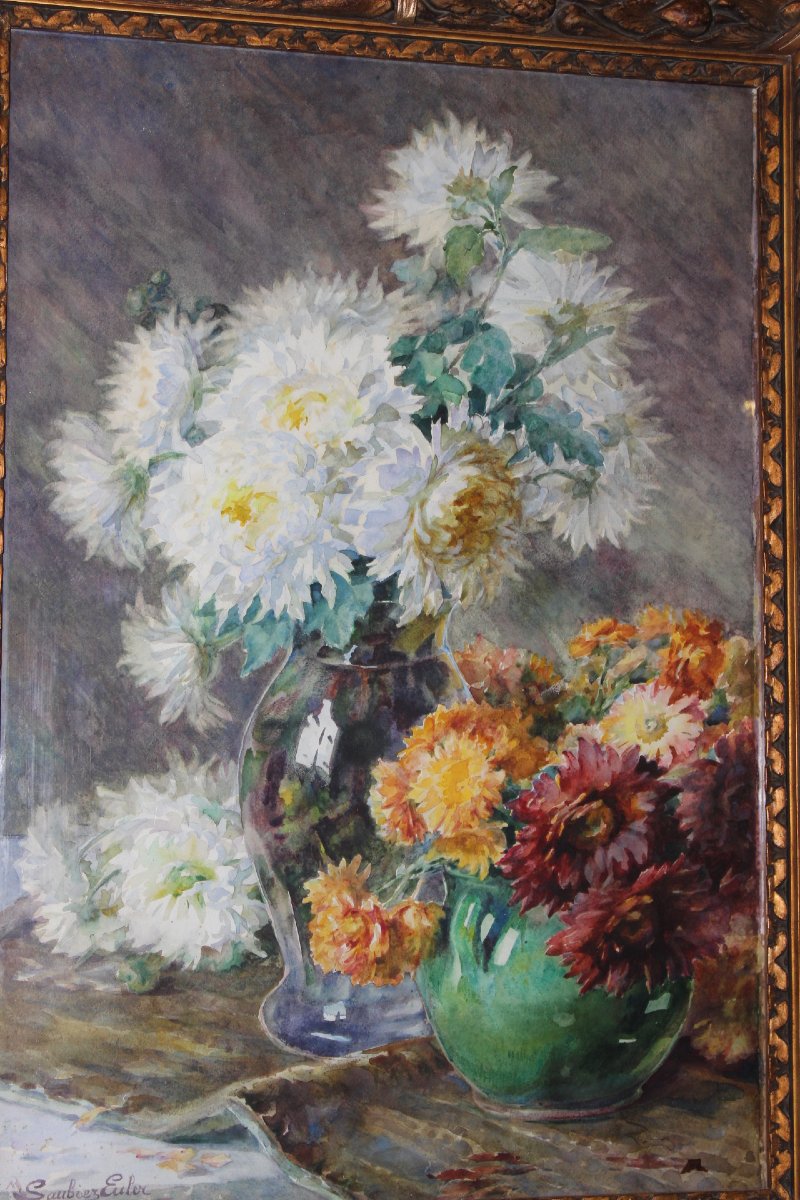 Bouquet de dahlias , Aquarelle par Marie Saubiez-Euler vers 1900-photo-6