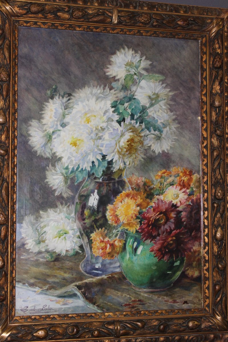 Bouquet de dahlias , Aquarelle par Marie Saubiez-Euler vers 1900-photo-7